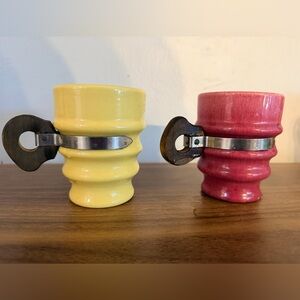Vintage Yellow and Pink Metlox Ceramic Mugs with Wooden Handles